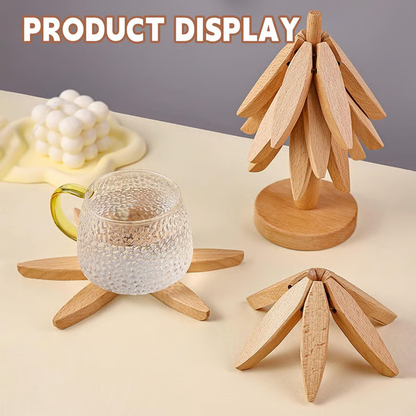✨Natural Tree Trivet Set - 4 Wooden Trivets & 1 Stand Like a Christmas Tree