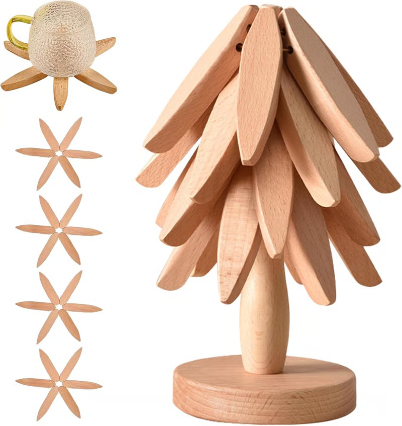 ✨Natural Tree Trivet Set - 4 Wooden Trivets & 1 Stand Like a Christmas Tree